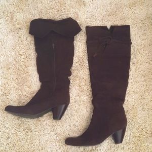 Knee high faux suede heeled boots
